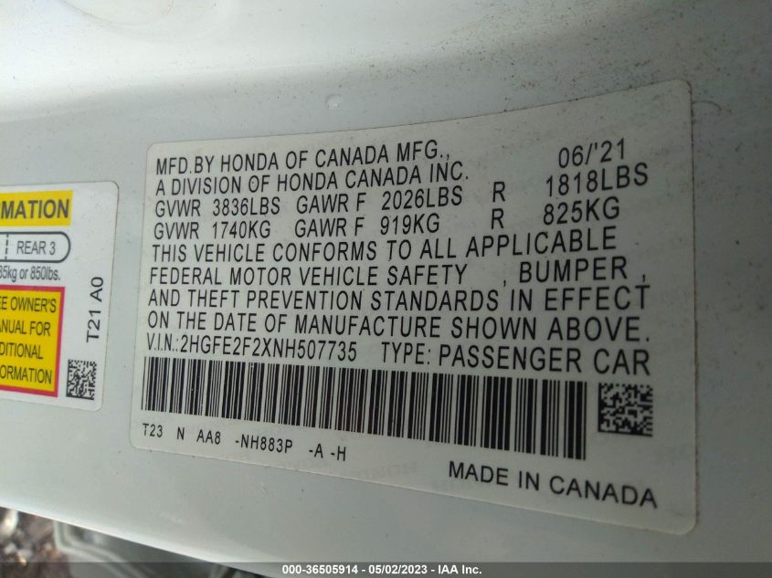 2022 HONDA CIVIC SEDAN LX - 2HGFE2F2XNH507735