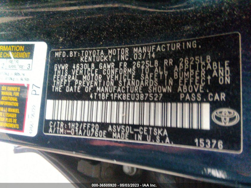 2014 TOYOTA CAMRY L/LE/XLE/SE/SE SPORT - 4T1BF1FK8EU387527