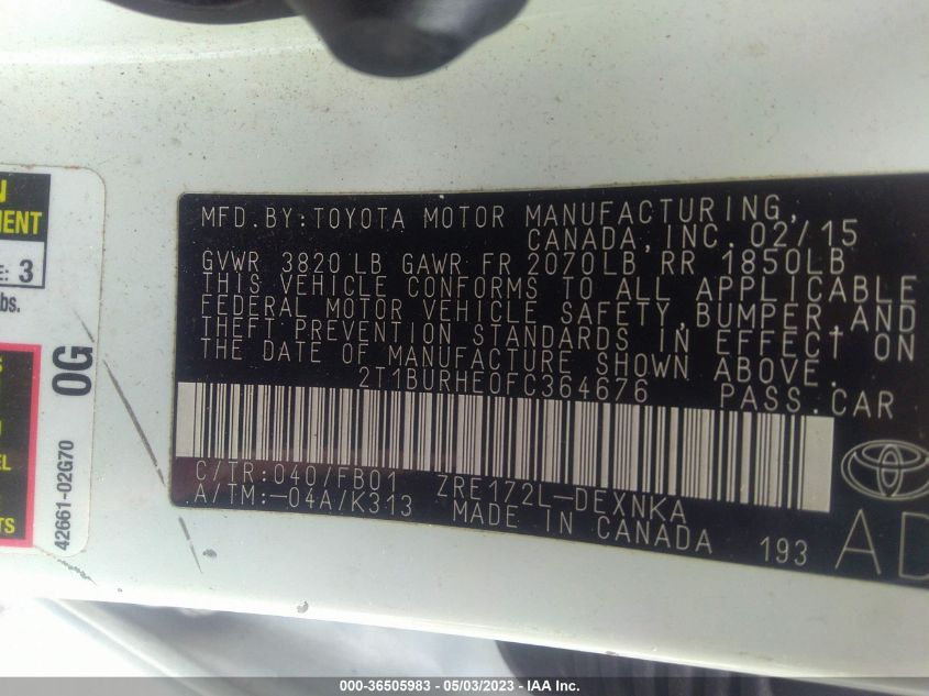 2015 TOYOTA COROLLA L/LE/S/S PLUS/LE PLUS - 2T1BURHE0FC364676
