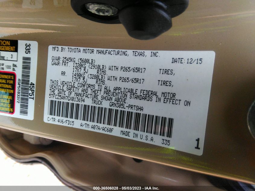2016 TOYOTA TACOMA SR/SR5/TRD SPORT - 5TFCZ5AN7GX013694