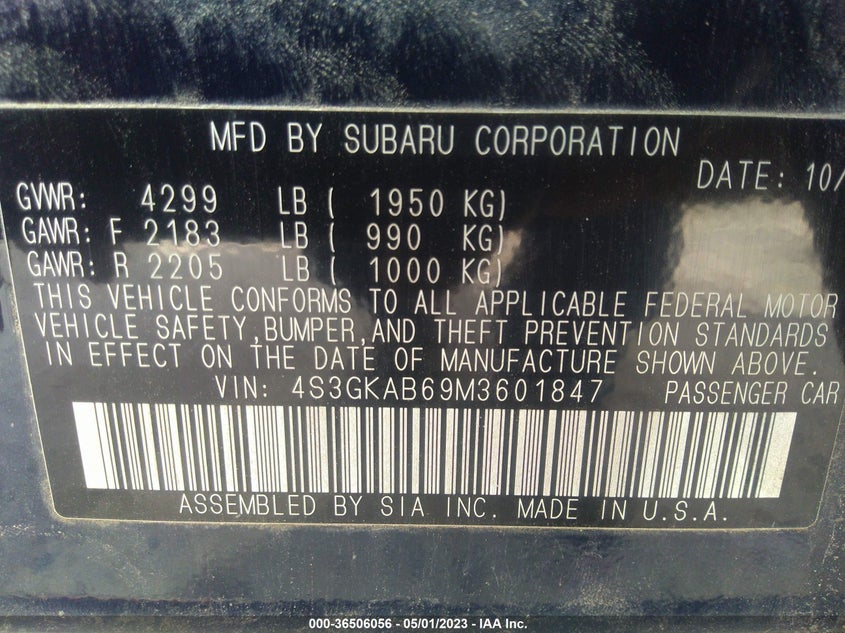 VIN 4S3GKAB69M3601847 2021 SUBARU IMPREZA