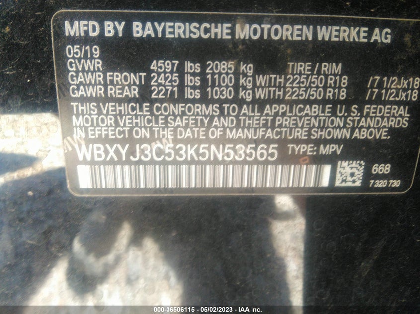 VIN WBXYJ3C53K5N53565 2019 BMW X2 SDRIVE28I