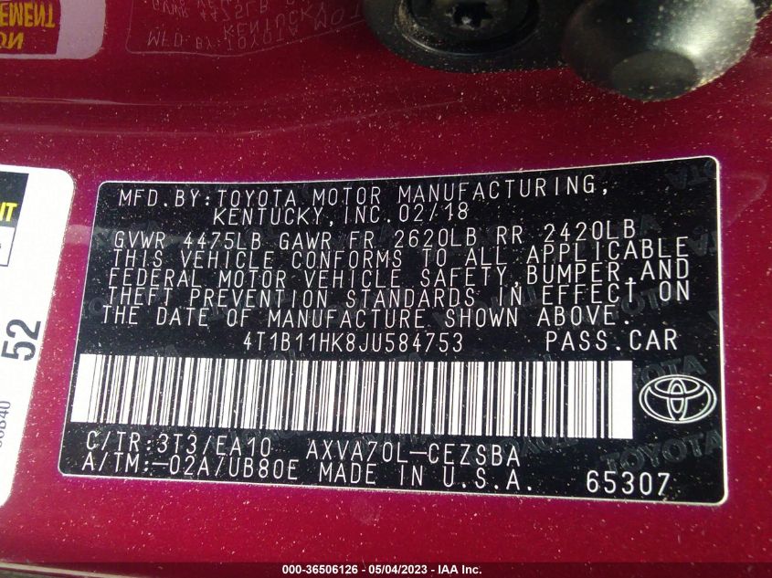 2018 TOYOTA CAMRY LE/SE/XLE/L - 4T1B11HK8JU584753