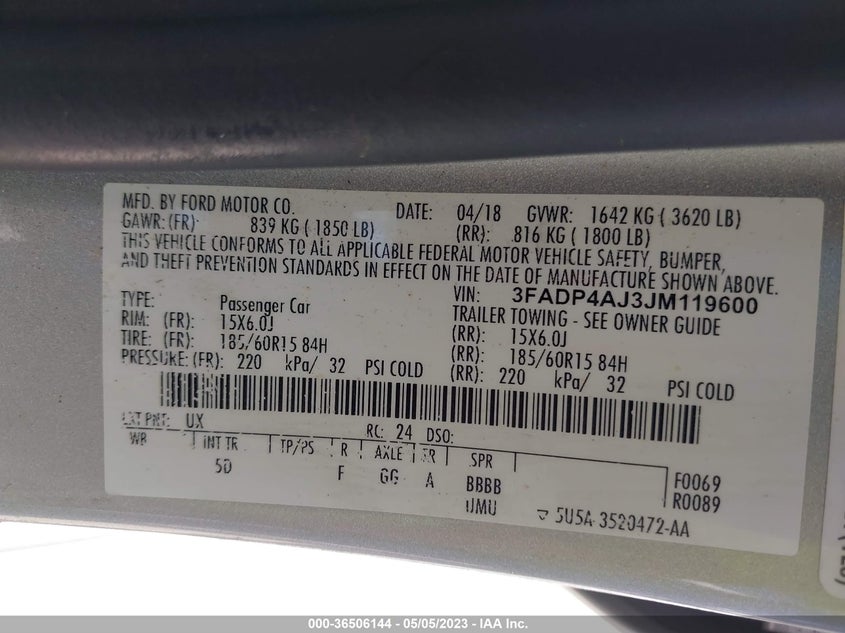 VIN 3FADP4AJ3JM119600 2018 FORD FIESTA S