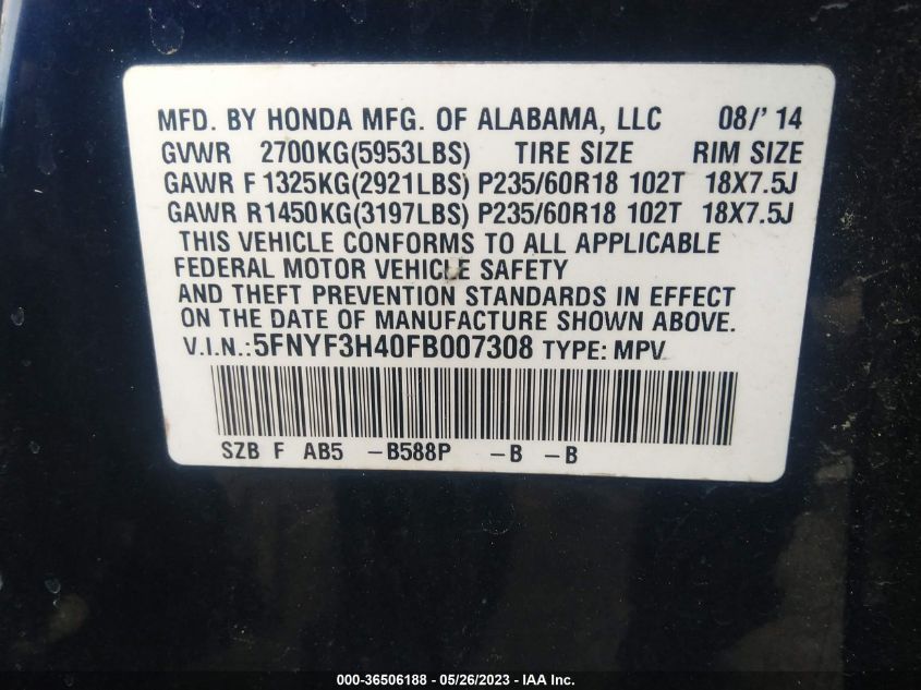 2015 HONDA PILOT EX - 5FNYF3H40FB007308