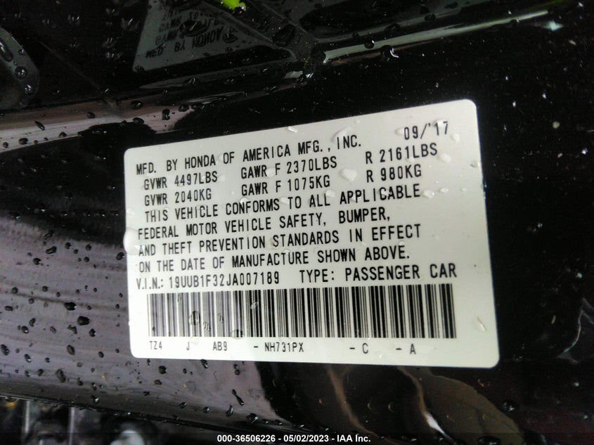 VIN 19UUB1F32JA007189 2018 ACURA TLX