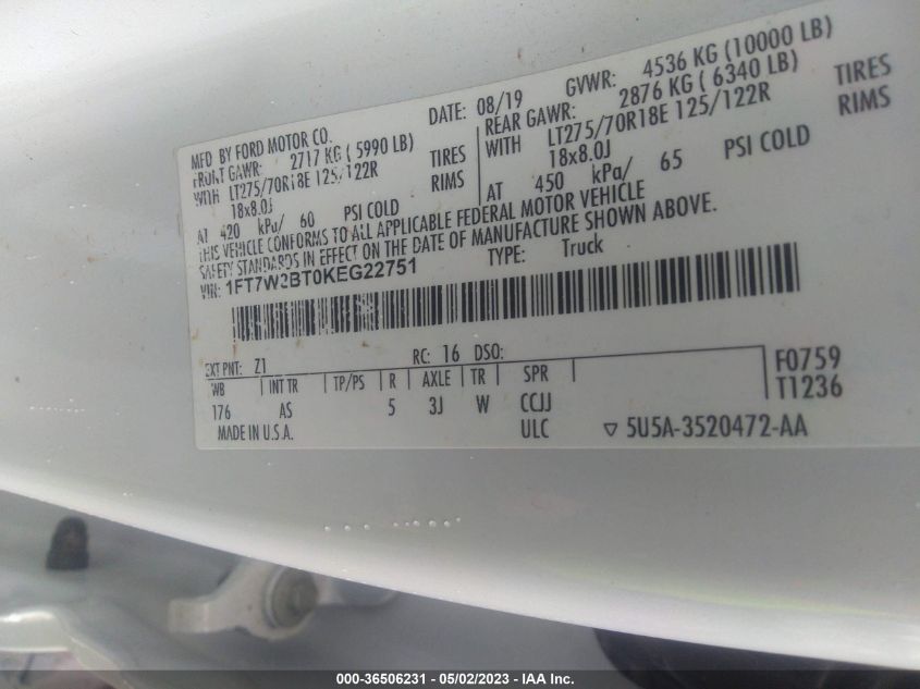 2019 FORD SUPER DUTY F-250 SRW XL/XLT/LARIAT - 1FT7W2BT0KEG22751