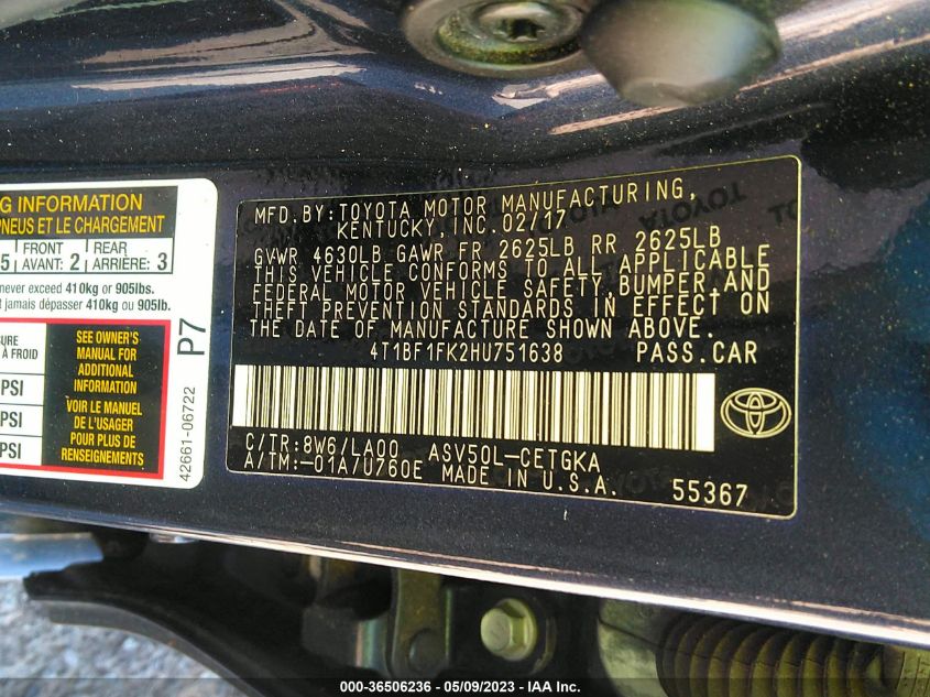 2017 TOYOTA CAMRY XLE/SE/LE/XSE - 4T1BF1FK2HU751638