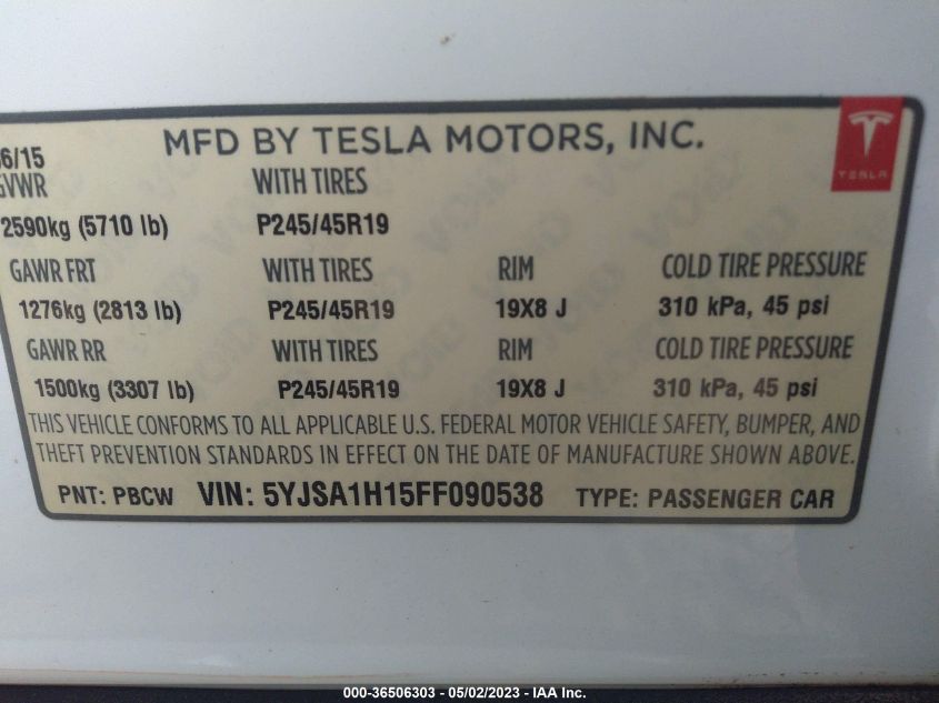 2015 TESLA MODEL S KWH BATTERY - 5YJSA1H15FF090538