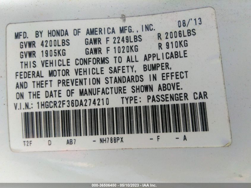 2013 HONDA ACCORD LX - 1HGCR2F36DA274210