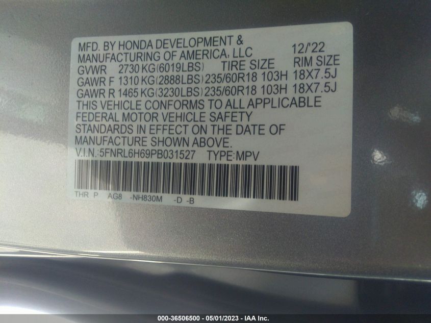2023 HONDA ODYSSEY EX-L - 5FNRL6H69PB031527