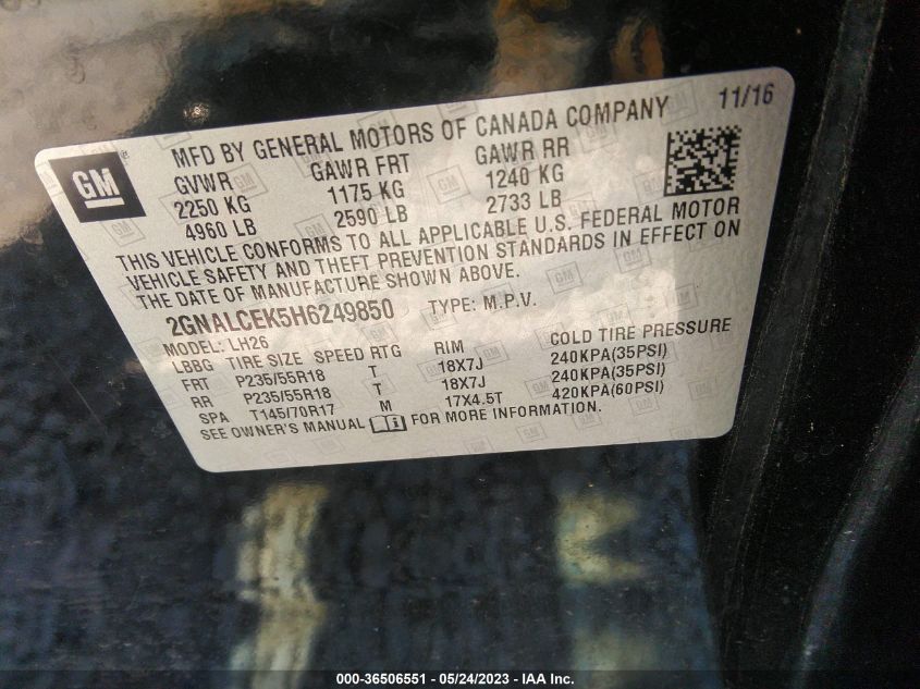 2017 CHEVROLET EQUINOX LT - 2GNALCEK5H6249850