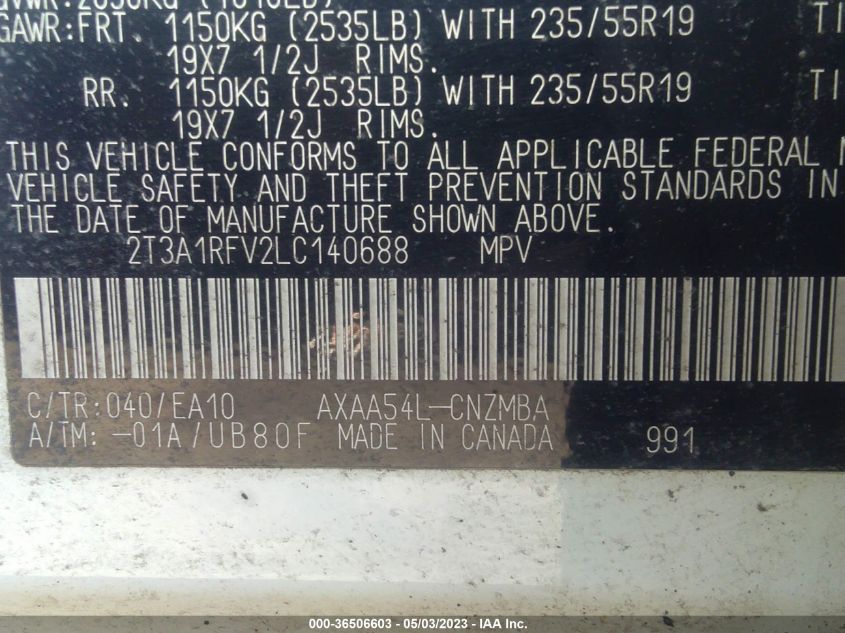 2020 TOYOTA RAV4 XLE PREMIUM - 2T3A1RFV2LC140688