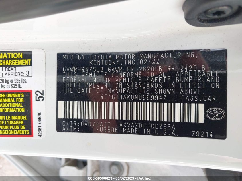 2022 TOYOTA CAMRY SE - 4T1G11AK0NU669947