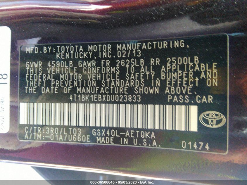 2013 TOYOTA AVALON XLE/LIMITED - 4T1BK1EBXDU023833