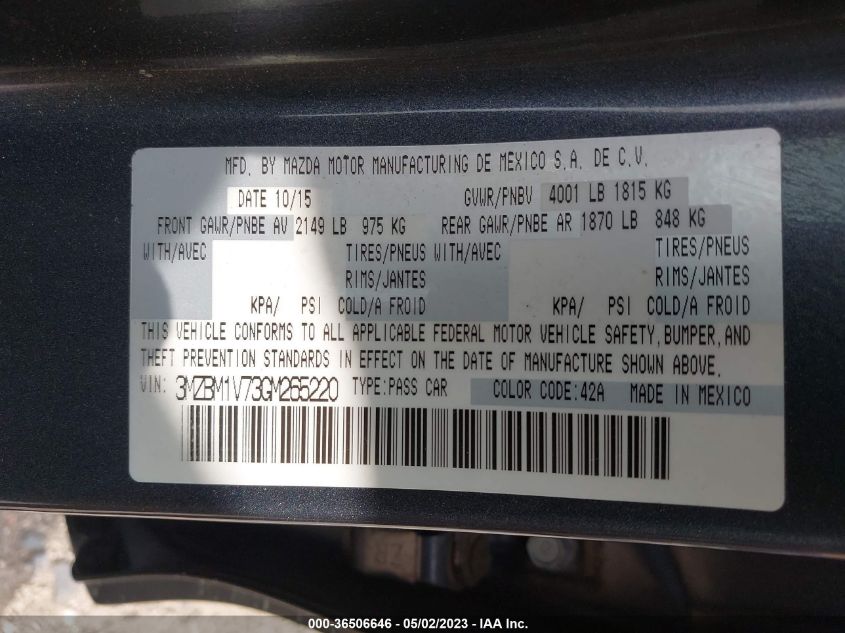 2016 MAZDA MAZDA3 I TOURING - 3MZBM1V73GM265220