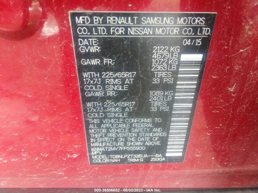 2015 NISSAN ROGUE S/SL/SV - KNMAT2MV7FP555900