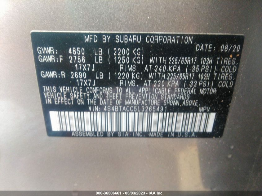 2020 SUBARU OUTBACK PREMIUM - 4S4BTACC5L3265491