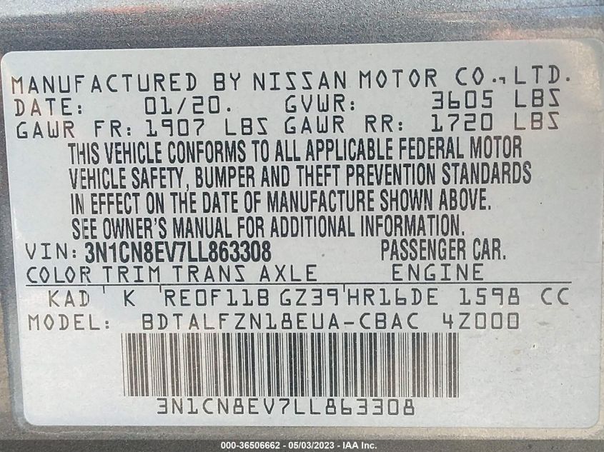 2020 NISSAN VERSA SV - 3N1CN8EV7LL863308