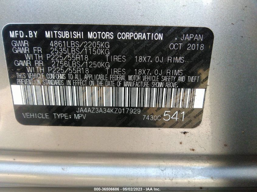 2019 MITSUBISHI OUTLANDER ES/SE/SEL/LE - JA4AZ3A34KZ017929