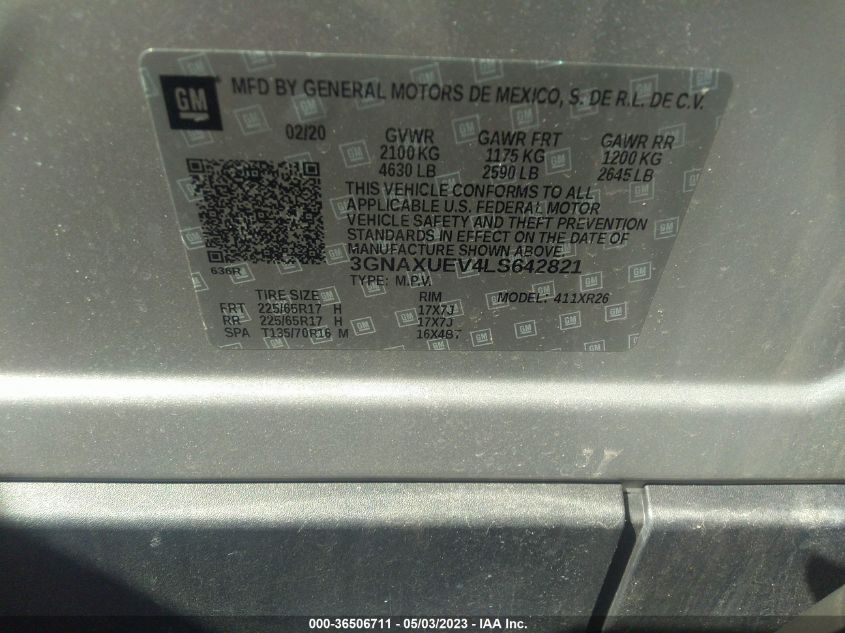 2020 CHEVROLET EQUINOX LT - 3GNAXUEV4LS642821