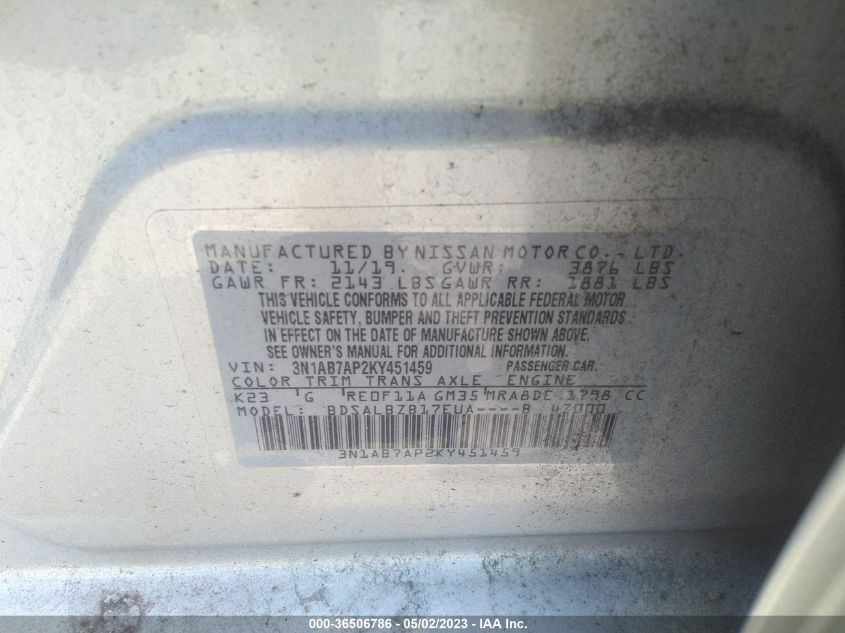 2019 NISSAN SENTRA S - 3N1AB7AP2KY451459