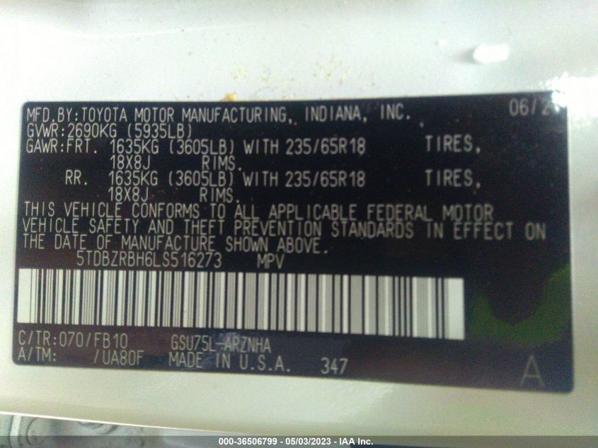 2020 TOYOTA HIGHLANDER LE/L - 5TDBZRBH6LS516273