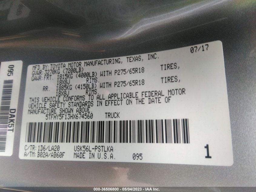 2017 TOYOTA TUNDRA 4WD LIMITED - 5TFHY5F13HX674560