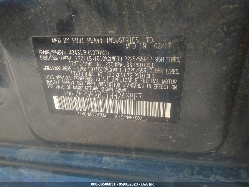 VIN JF2GPABC1HH246867 2017 SUBARU CROSSTREK PREMIUM