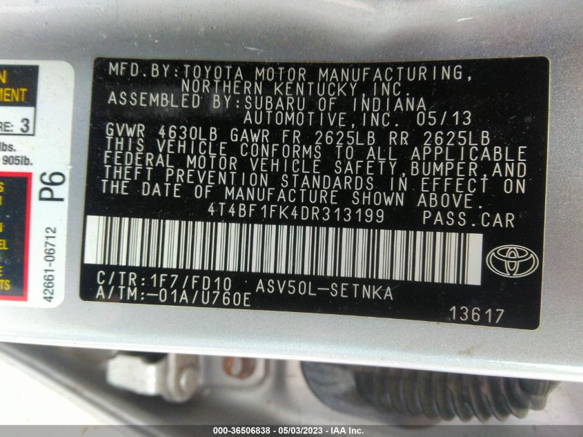 2013 TOYOTA CAMRY L/LE/SE/XLE - 4T4BF1FK4DR313199