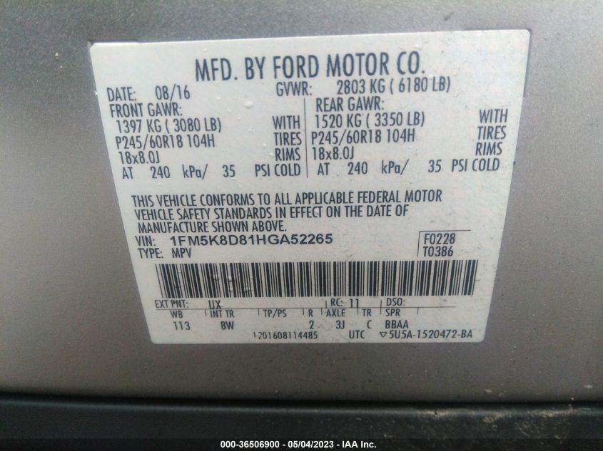 2017 FORD EXPLORER XLT - 1FM5K8D81HGA52265