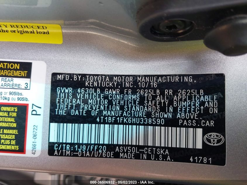 2017 TOYOTA CAMRY SE - 4T1BF1FK6HU338590