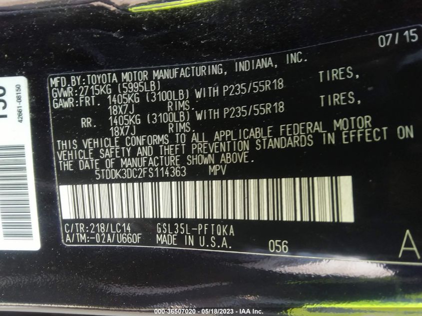 2015 TOYOTA SIENNA XLE - 5TDDK3DC2FS114363