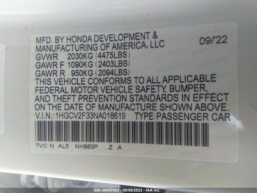 2022 HONDA ACCORD SEDAN SPORT - 1HGCV2F33NA018619