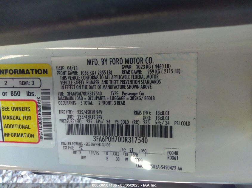 2013 FORD FUSION SE - 3FA6P0H70DR317540