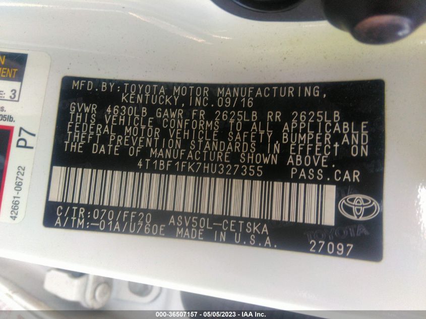 2017 TOYOTA CAMRY XLE/SE/LE/XSE - 4T1BF1FK7HU327355