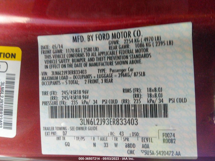 2014 LINCOLN MKZ - 3LN6L2J93ER833403