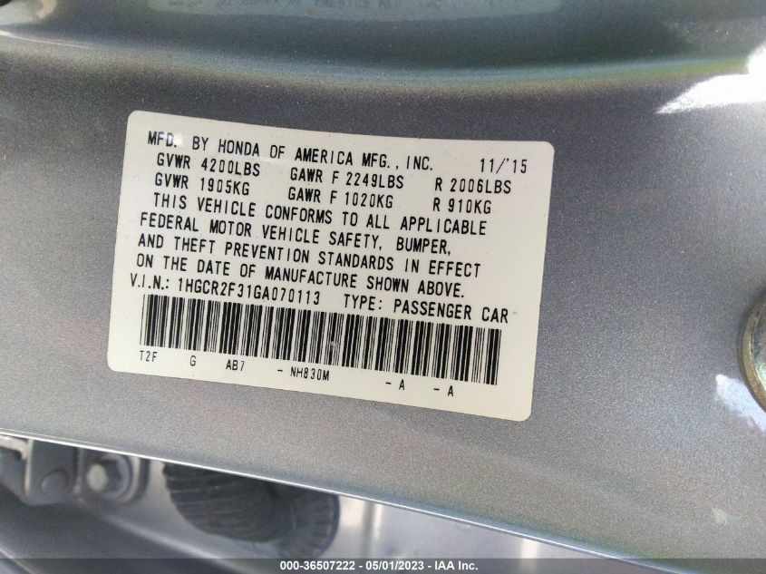 2016 HONDA ACCORD SEDAN LX - 1HGCR2F31GA070113