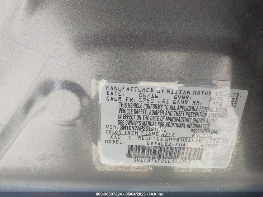 2016 NISSAN VERSA SV - 3N1CN7AP2GL911742