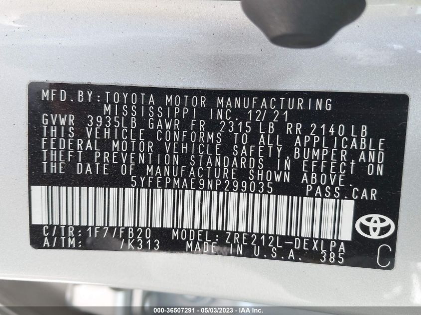 2022 TOYOTA COROLLA LE - 5YFEPMAE9NP299035