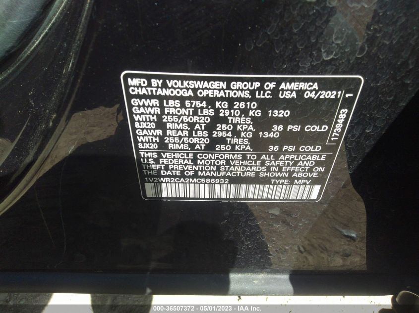 2021 VOLKSWAGEN ATLAS 3.6L V6 SE W/TECHNOLOGY - 1V2WR2CA2MC586932