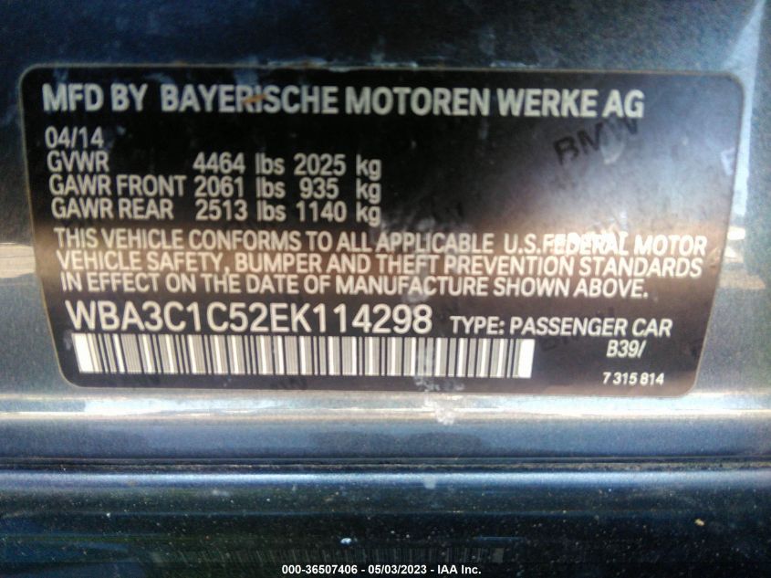 2014 BMW 3 SERIES 328I - WBA3C1C52EK114298