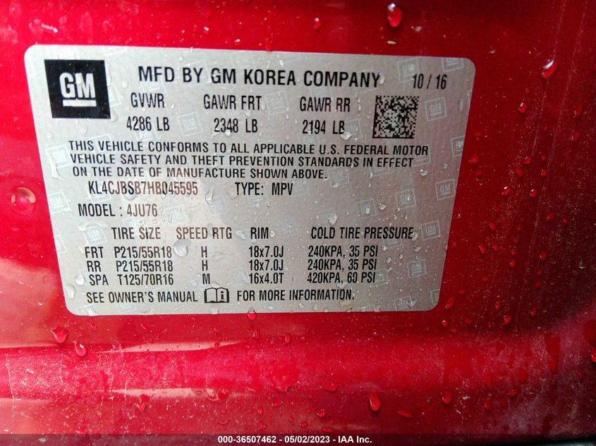 VIN KL4CJBSB7HB045595 2017 BUICK ENCORE PREFERRED II