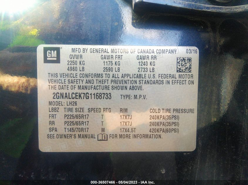 2016 CHEVROLET EQUINOX LT - 2GNALCEK7G1168733