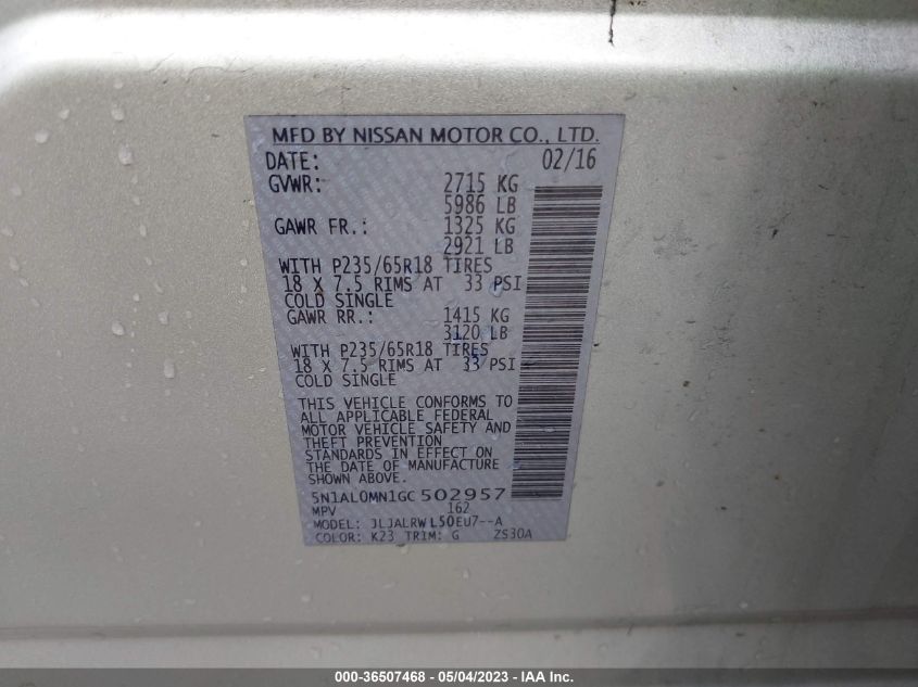 2016 INFINITI QX60 - 5N1AL0MN1GC502957