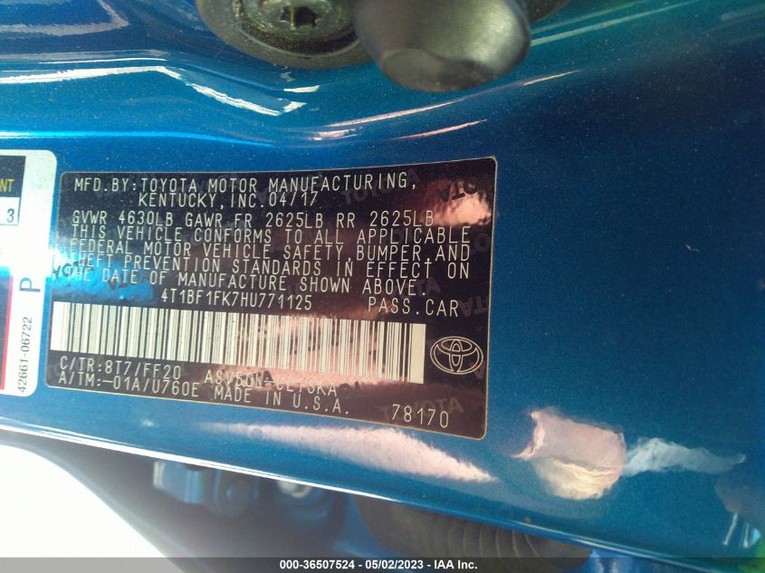 2017 TOYOTA CAMRY XLE/SE/LE/XSE - 4T1BF1FK7HU771125
