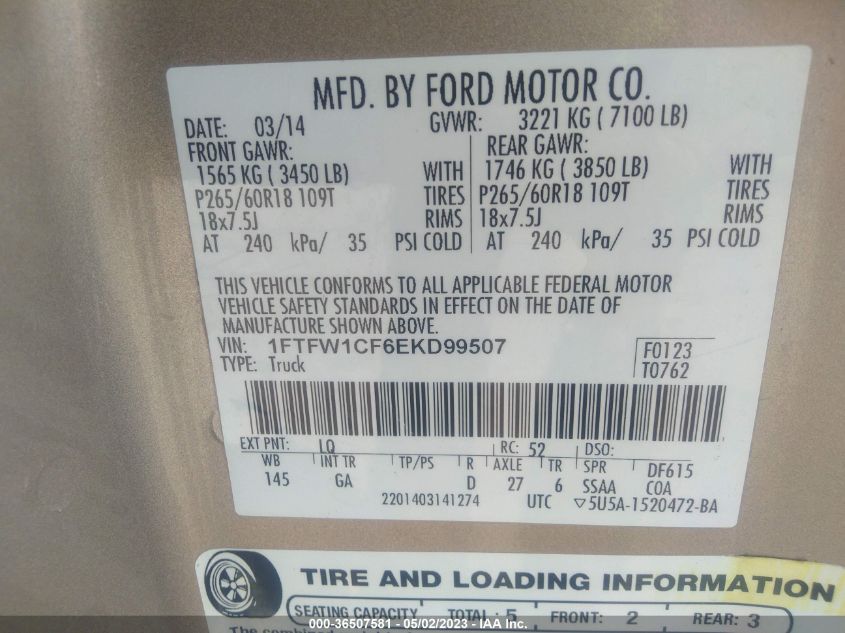 2014 FORD F-150 XL/STX/XLT/FX2/LARIAT - 1FTFW1CF6EKD99507