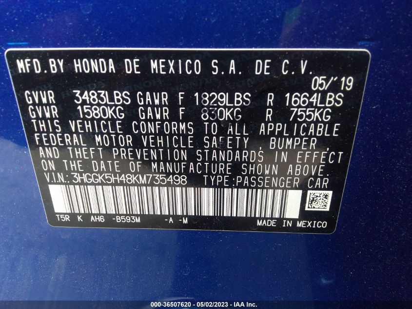 2019 HONDA FIT LX - 3HGGK5H48KM735498