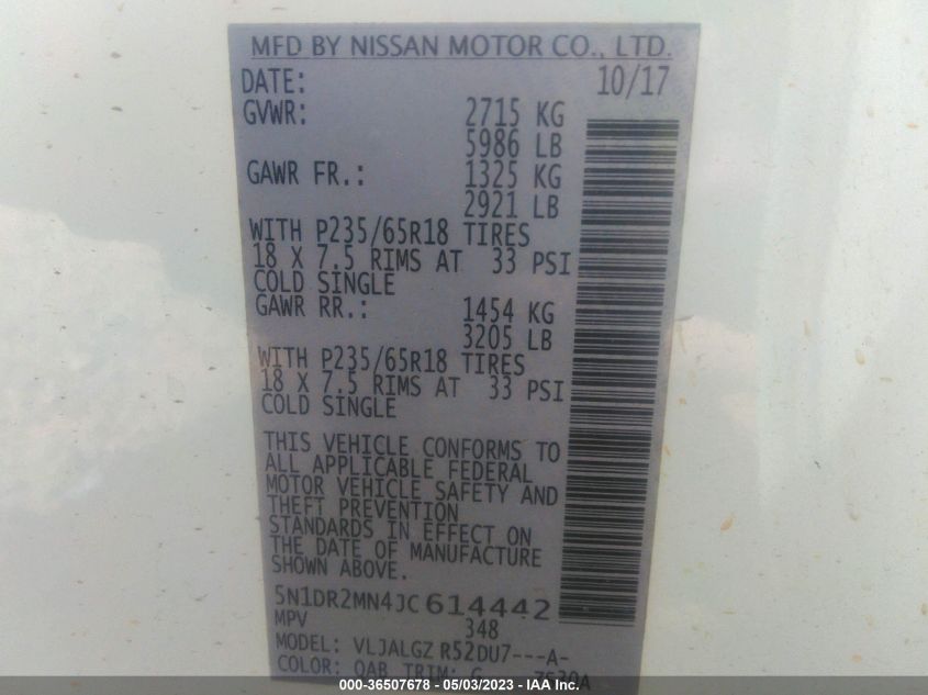 2018 NISSAN PATHFINDER SL - 5N1DR2MN4JC614442