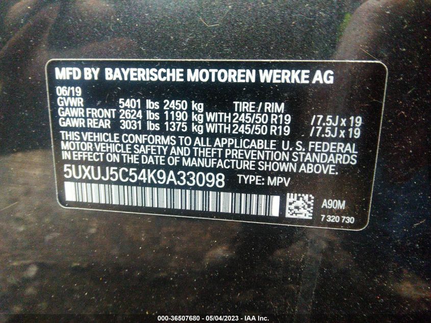 2019 BMW X4 M40I - 5UXUJ5C54K9A33098